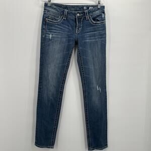 Miss Me Jeans Womens 28 Blue Skinny Distressed Embroidered Fleur De Lis Pockets